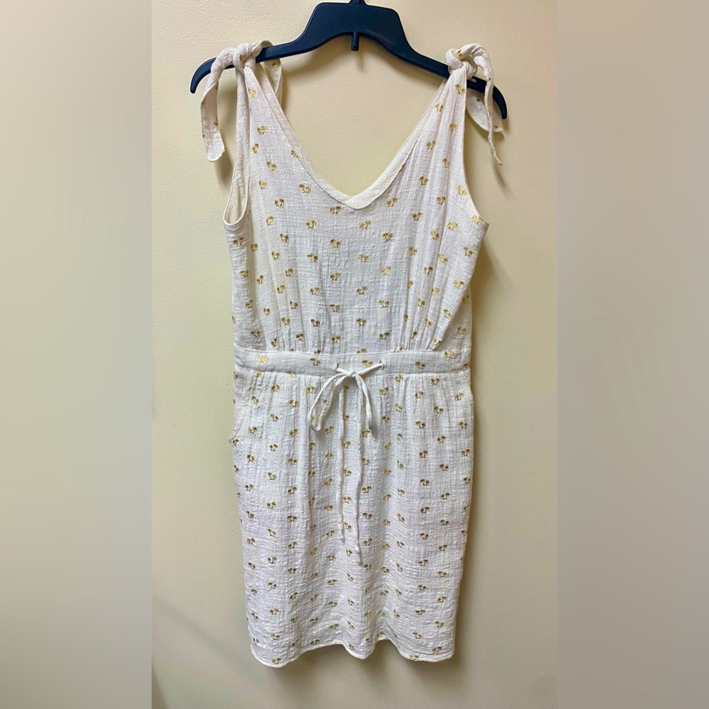 For Cynthia 100% Cotton Cream White Dress Gold Palm Trees Side Zipper